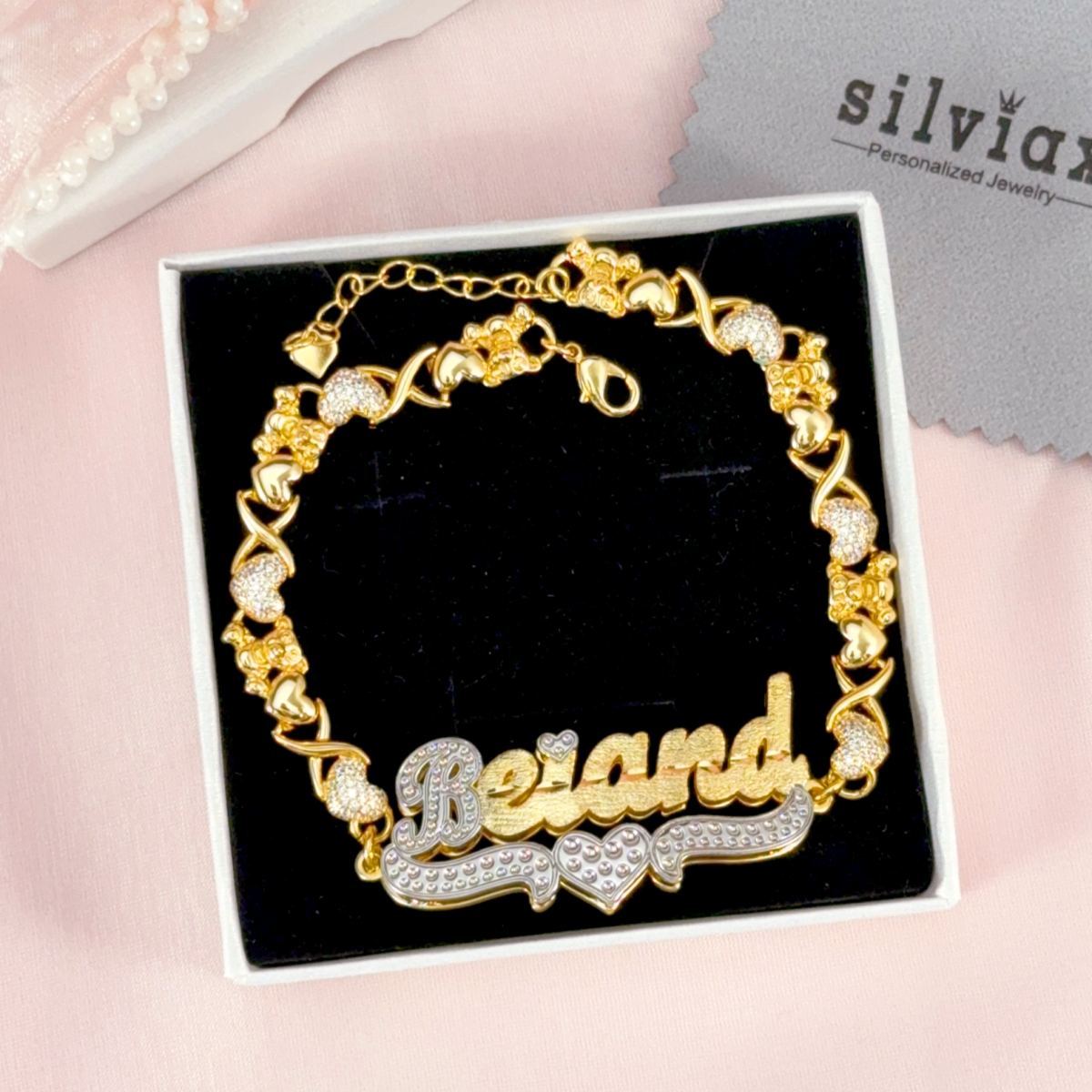 Double Layer Two Tone Heart with Teddy Bear XOXO Chain Personalized Custom Gold Plated Name Bracelet