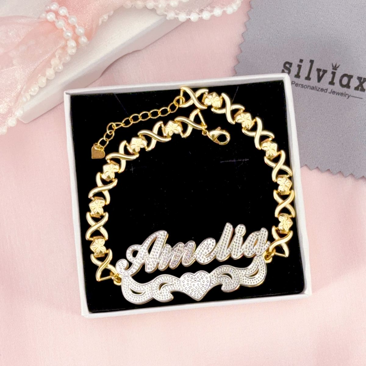 Double Layer Two Tone Nameplate XOXO Heart Chain Personalized Custom Gold Plated Name Bracelet