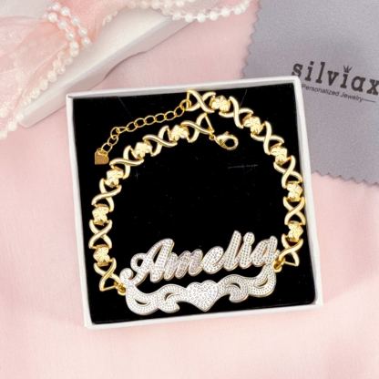Double Layer Two Tone Nameplate XOXO Heart Chain Personalized Custom Gold Plated Name Bracelet