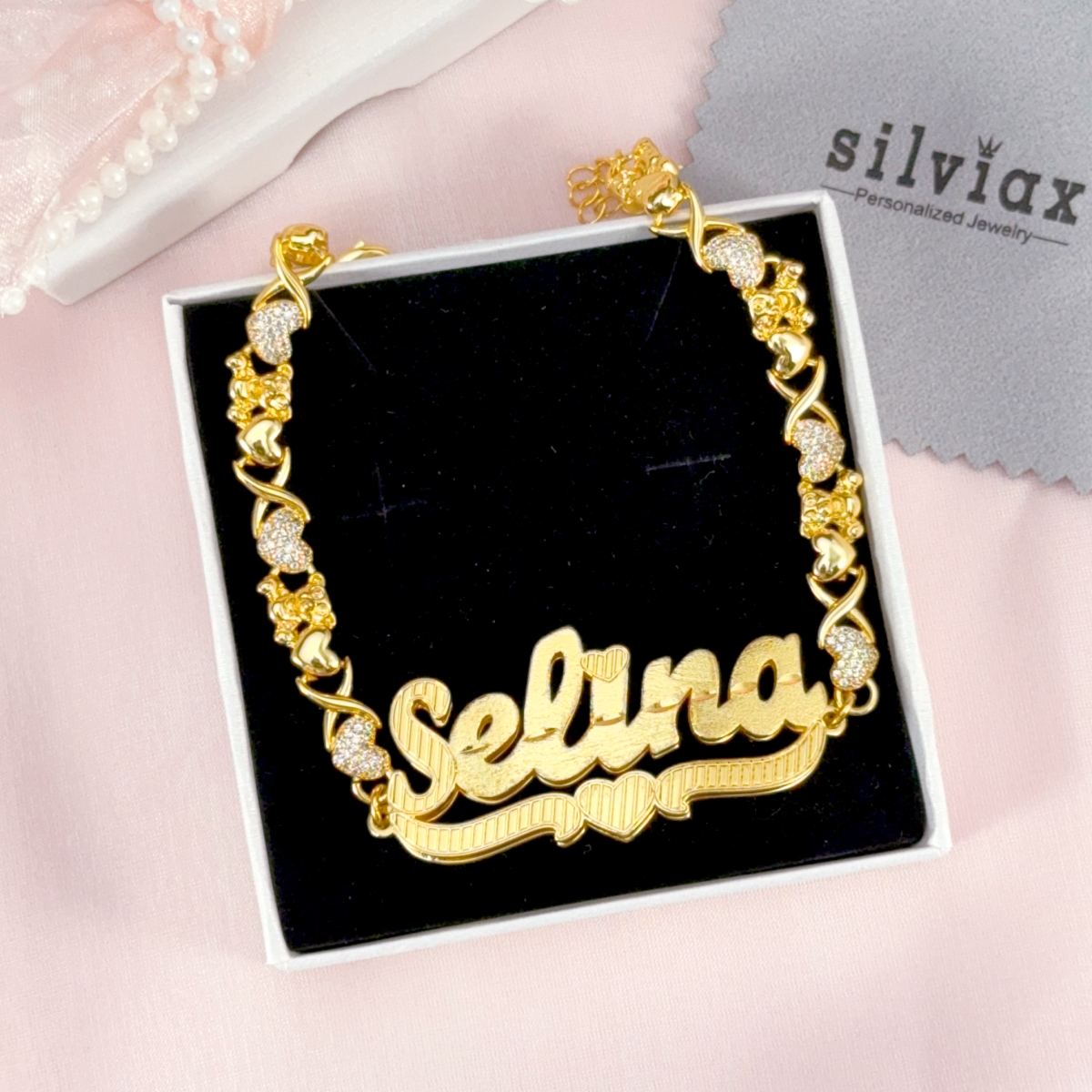 Double Layer Heart with Teddy XOXO Chain Personalized Custom Gold Plated Name Bracelet