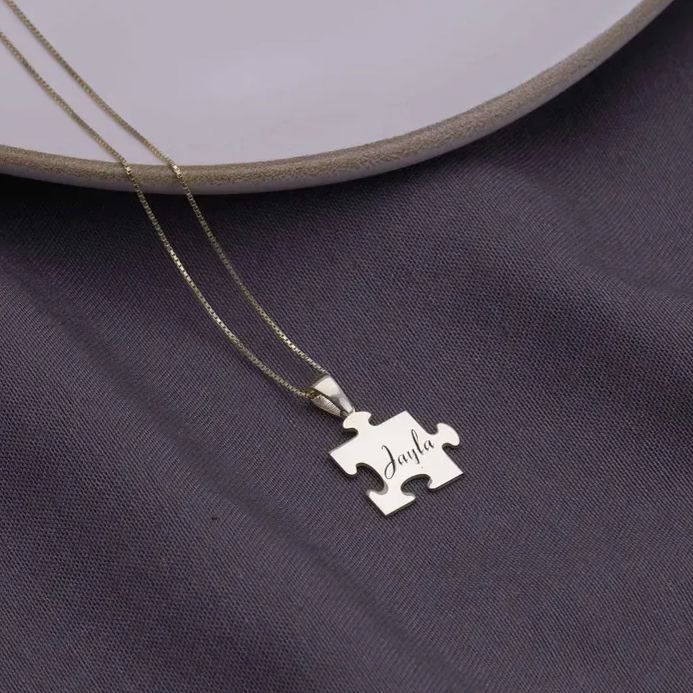Personalized Puzzle Piece Pendant Necklace with Engraved Name