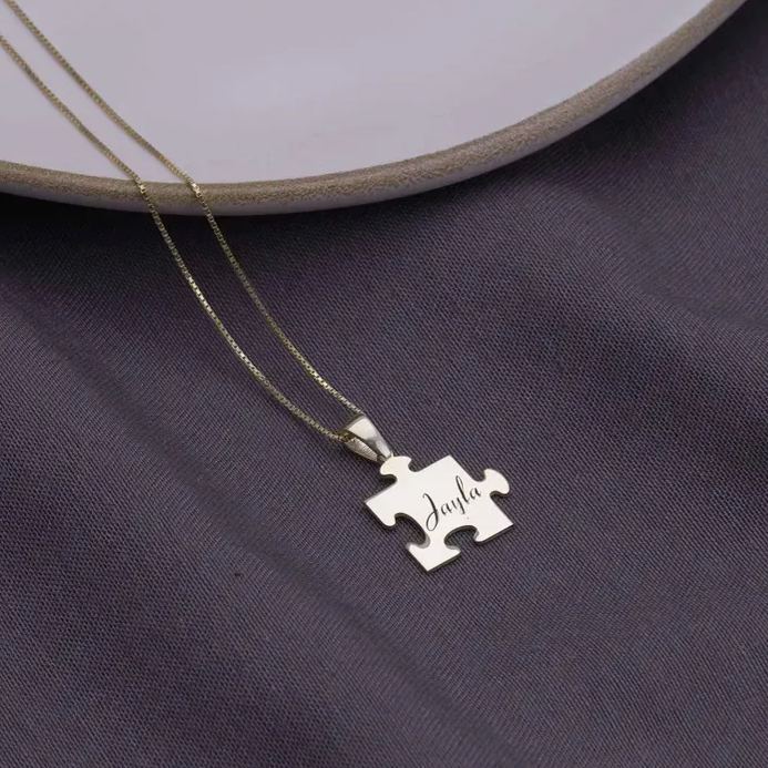 Personalized Puzzle Piece Pendant Necklace with Engraved Name