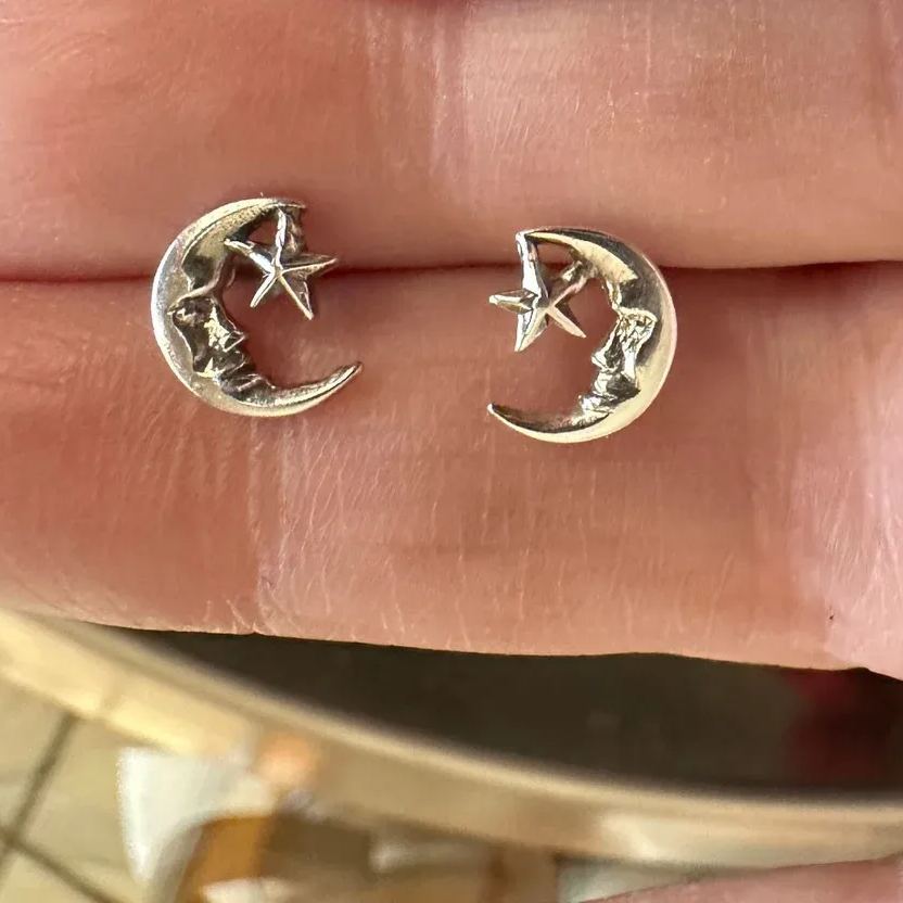 White Gold Moon and Stars Stud Earrings