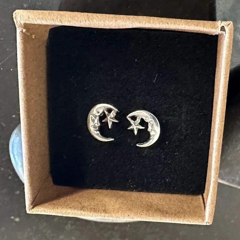 White Gold Moon and Stars Stud Earrings