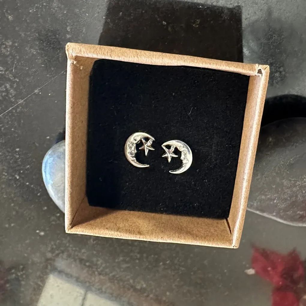 White Gold Moon and Stars Stud Earrings