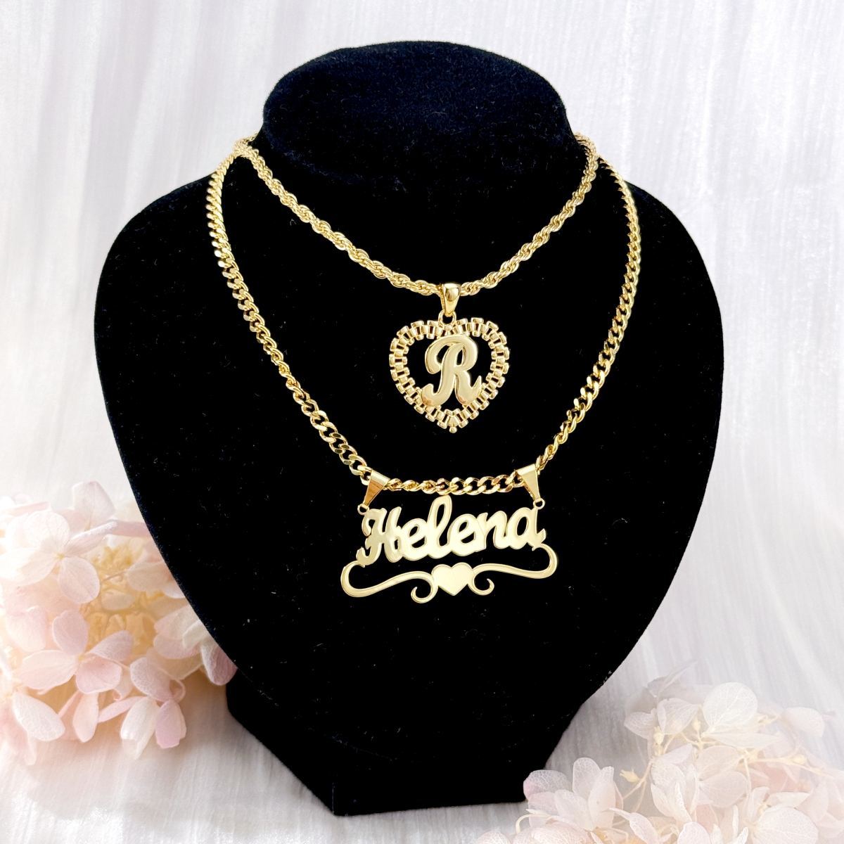 Rx Style Heart Initial And Nameplate Pendants Necklace Set