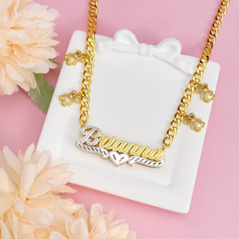 Cuban Chain Personalized Double Layer Bear Pendant Name Necklace