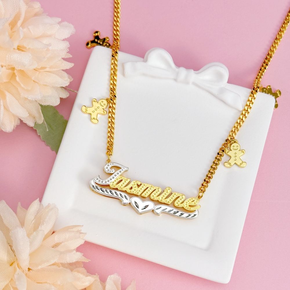 Double Plate Personalized Cuban Chain with Gingerbread Man Name Necklace