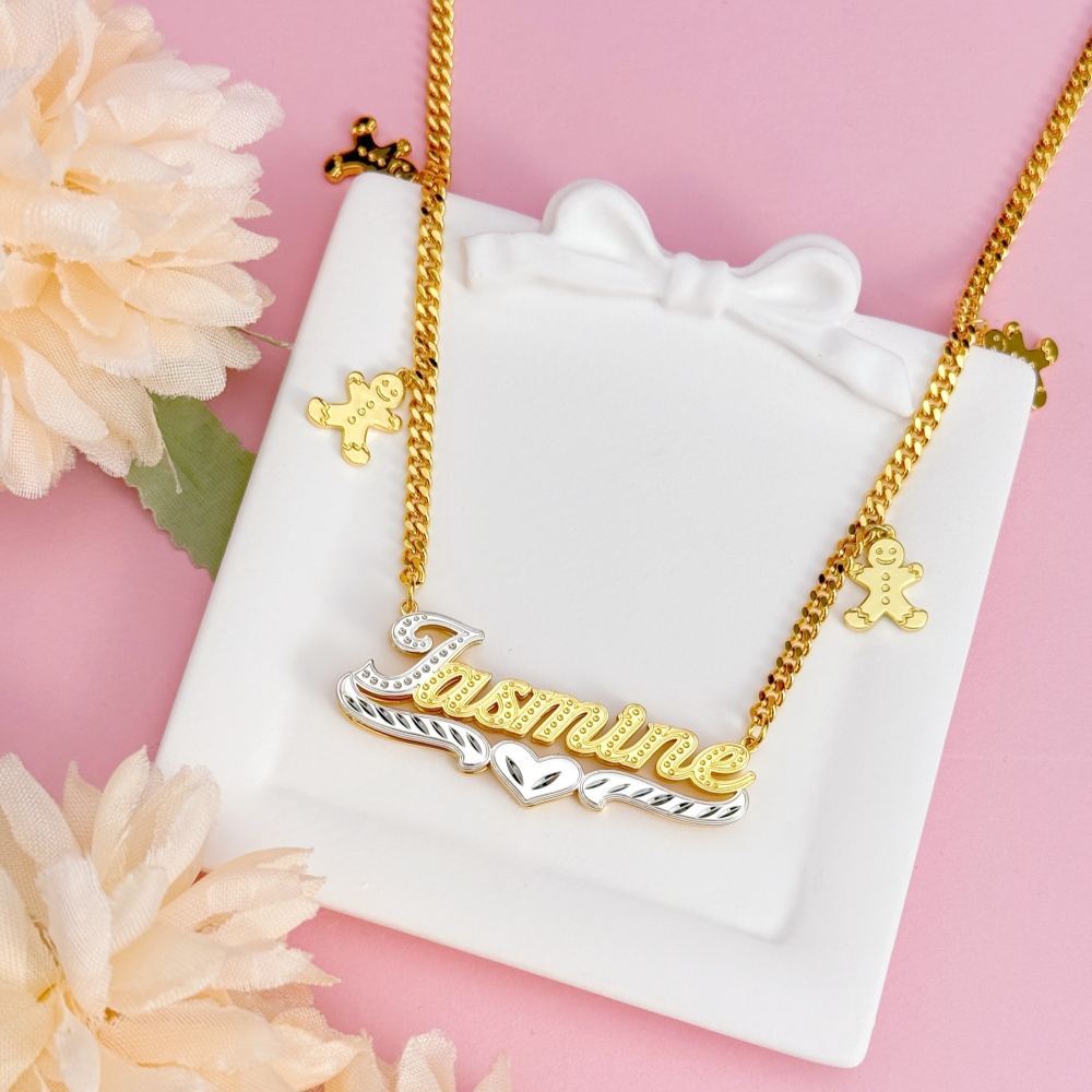 Double Plate Personalized Cuban Chain with Gingerbread Man Name Necklace