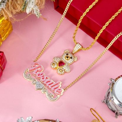 Cute Zircon Birthstone Teddy Pendant and Acrylic Pink Heart Name Necklace Set