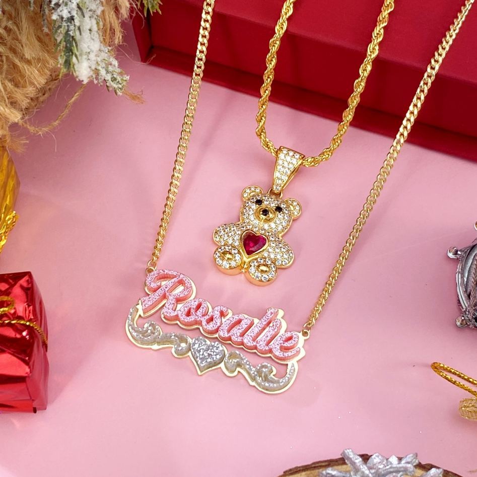 Cute Zircon Birthstone Teddy Pendant and Acrylic Pink Heart Name Necklace Set