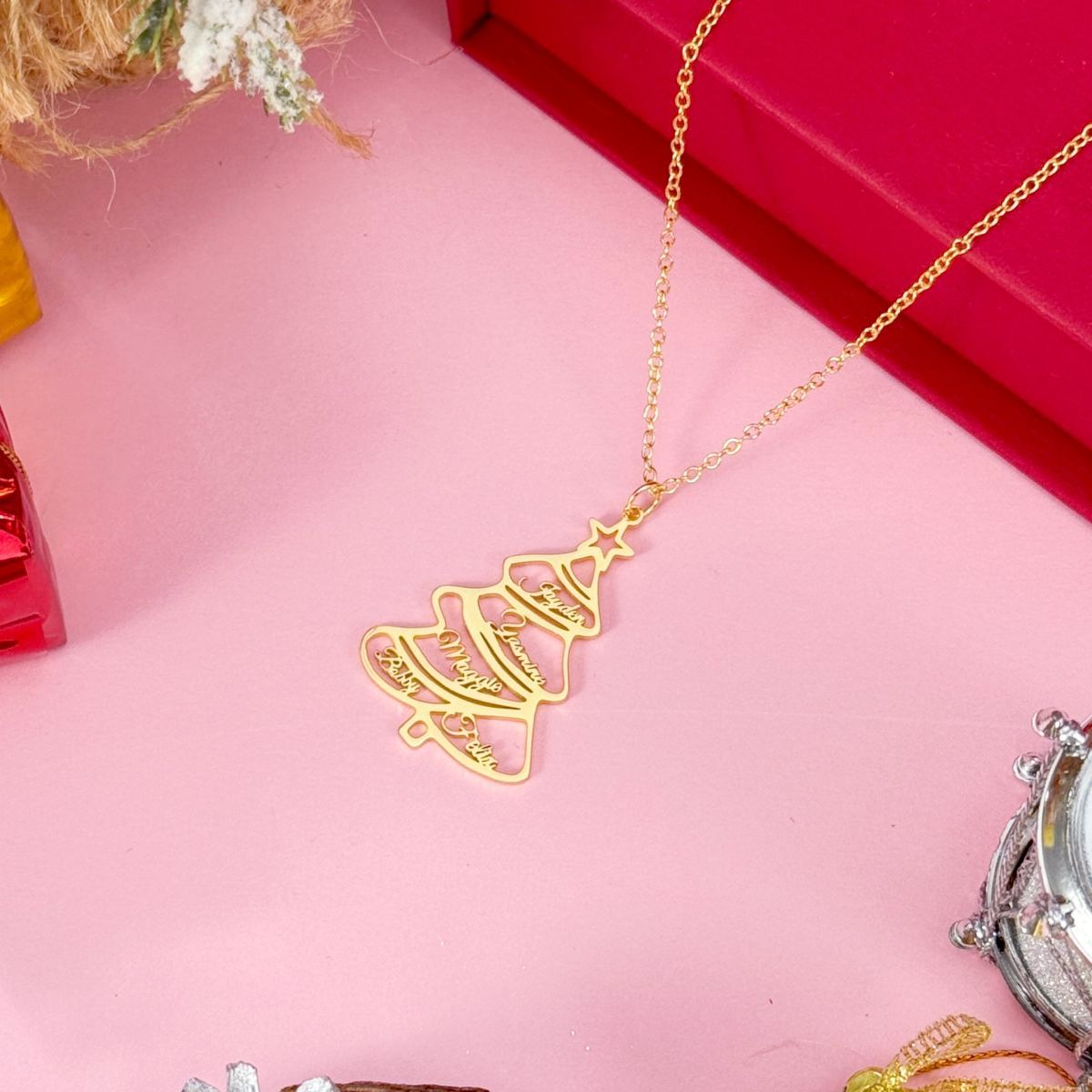 5 Names Christmas Tree Gold Plated Personalized Custom Nameplate Pendant Name Necklace Chirstmas Gift