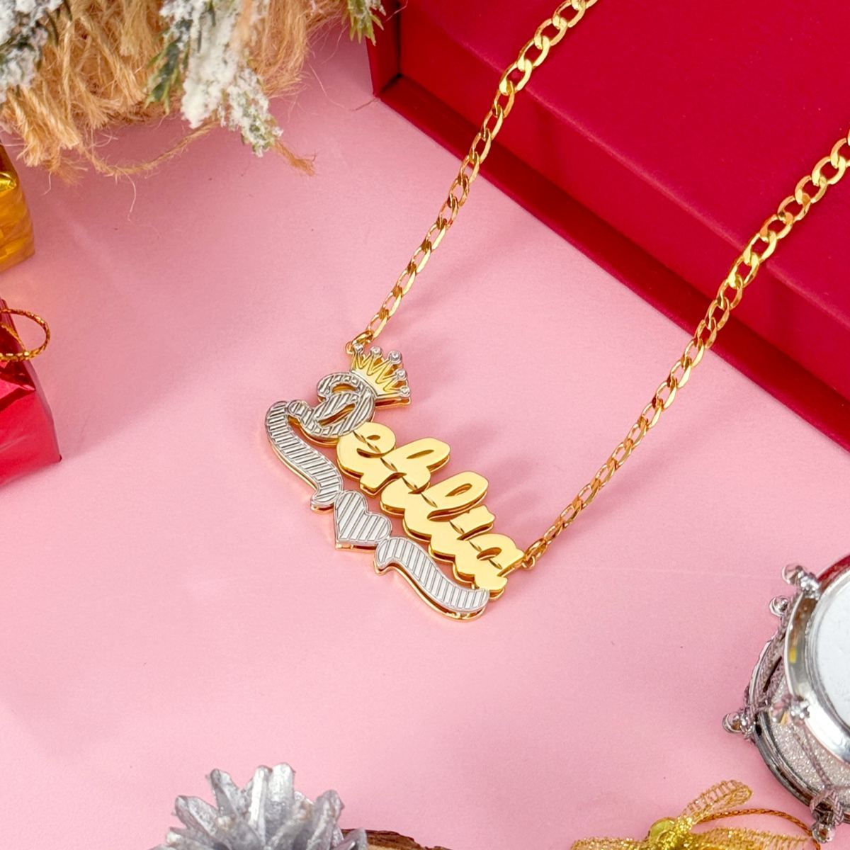 Double Layer Two Tone Nameplate Crown Heart Personalized Custom Gold Plated Name Necklace