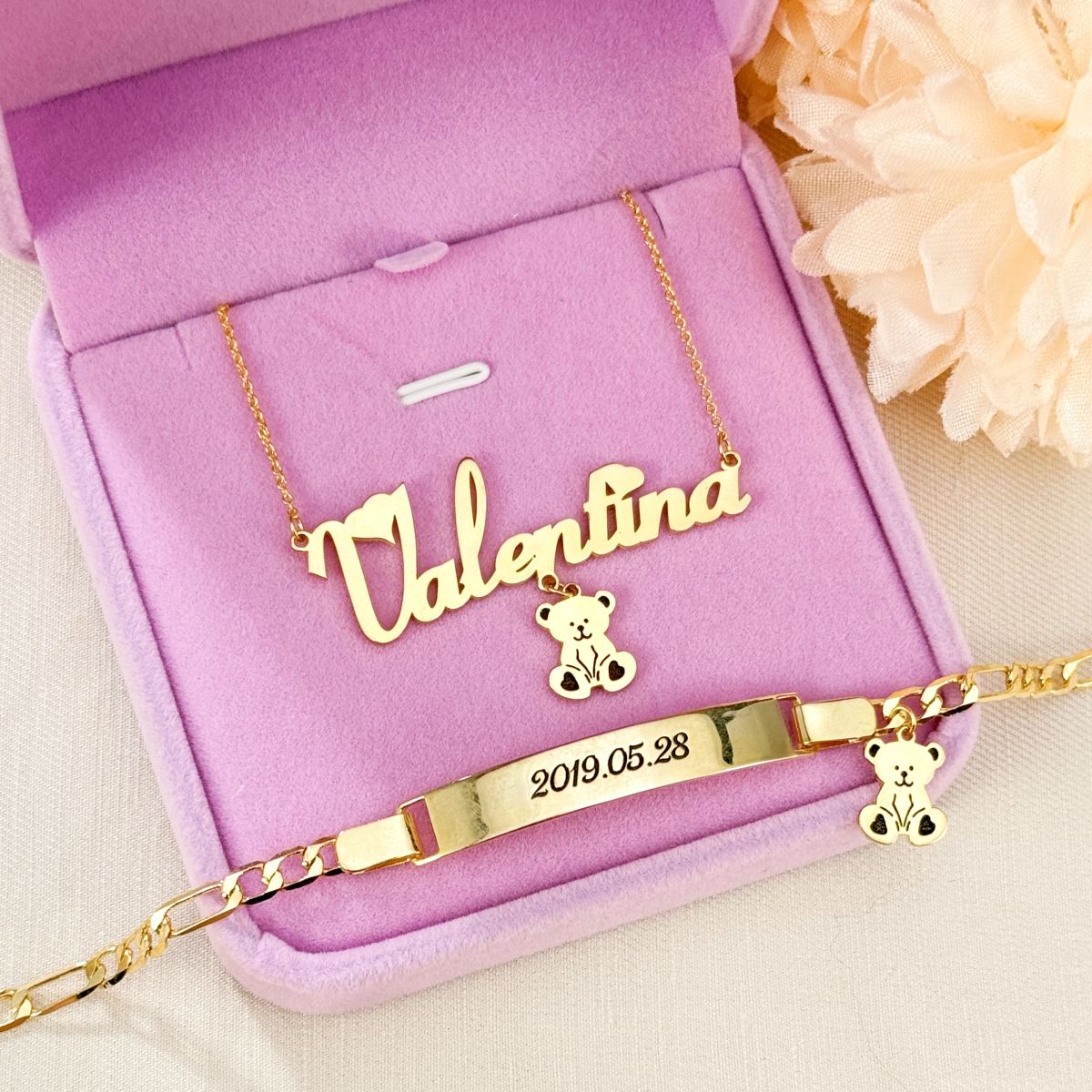 Teddy Bear Pendant Personalized Heart Name Necklace And Name Bracelet Set
