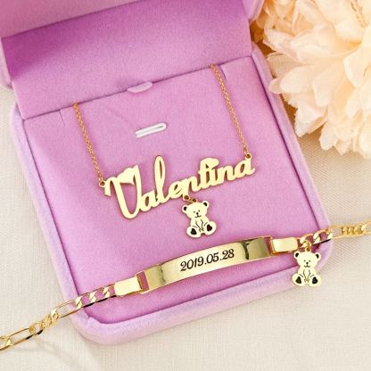Teddy Bear Pendant Personalized Heart Name Necklace And Name Bracelet Set