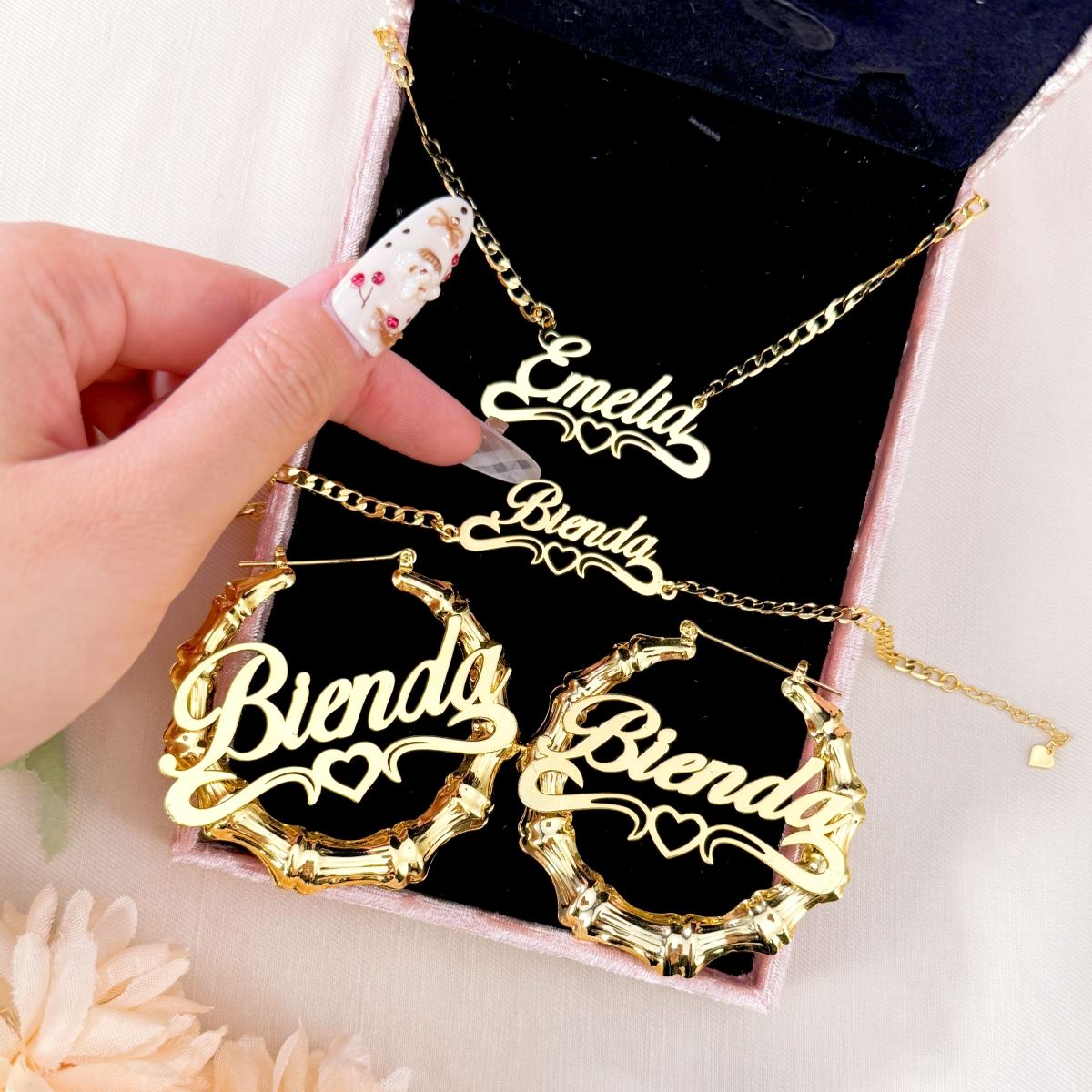 Personalized Heart Nameplate Necklace Bracelet and Bamboo Earrigs Jewelry Set