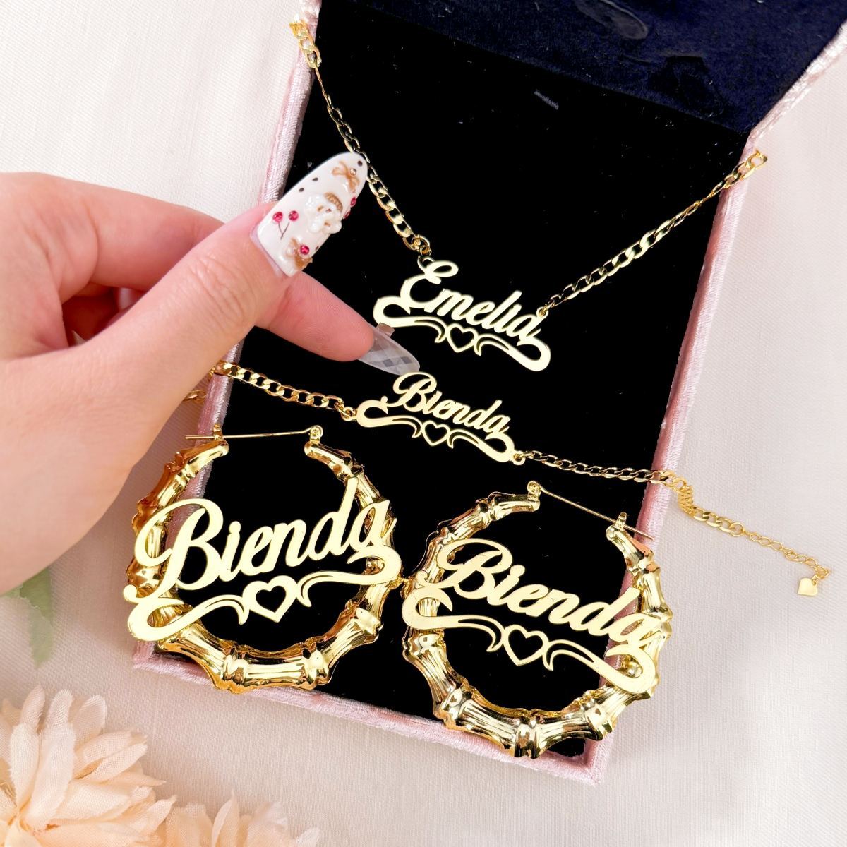 Personalized Heart Nameplate Necklace Bracelet and Bamboo Earrigs Jewelry Set