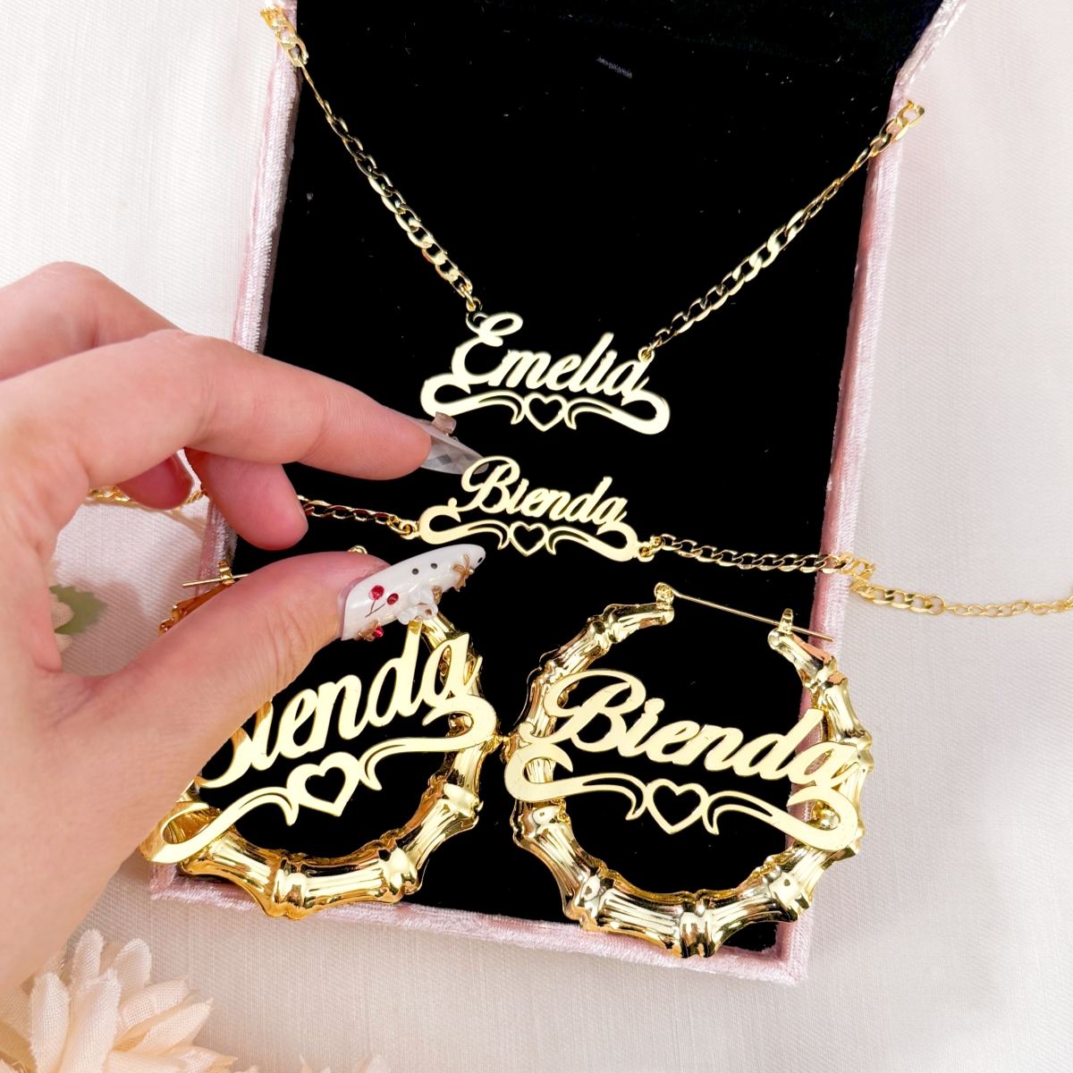 Personalized Heart Nameplate Necklace Bracelet and Bamboo Earrigs Jewelry Set