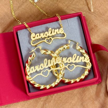 Heart Pendant Personalized Double Plated Name Necklace and Twist Hoop Name Earrings Jewelry Set