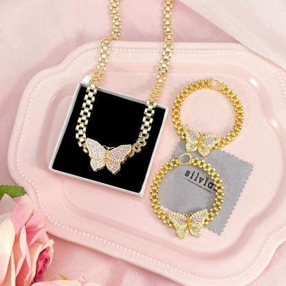 Pink Butterfly Charm Necklace and Hoop Earrings Jewelry Set Rx Chain Style