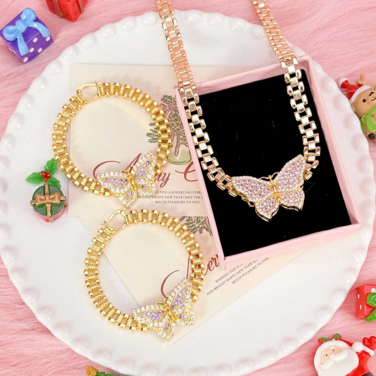 Pink Butterfly Charm Necklace and Hoop Earrings Jewelry Set Rx Chain Style