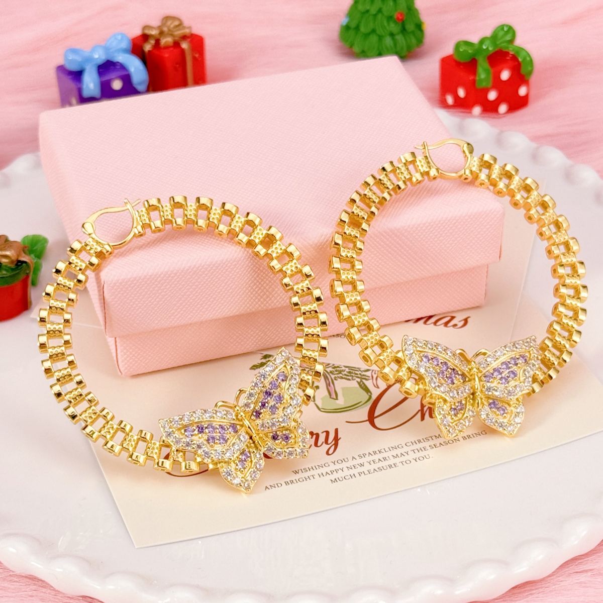 Pink Butterfly Charm Necklace and Hoop Earrings Jewelry Set Rx Chain Style