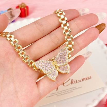 Pink Butterfly Charm Necklace and Hoop Earrings Jewelry Set Rx Chain Style