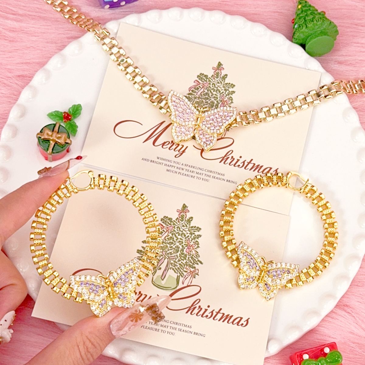 Pink Butterfly Charm Necklace and Hoop Earrings Jewelry Set Rx Chain Style