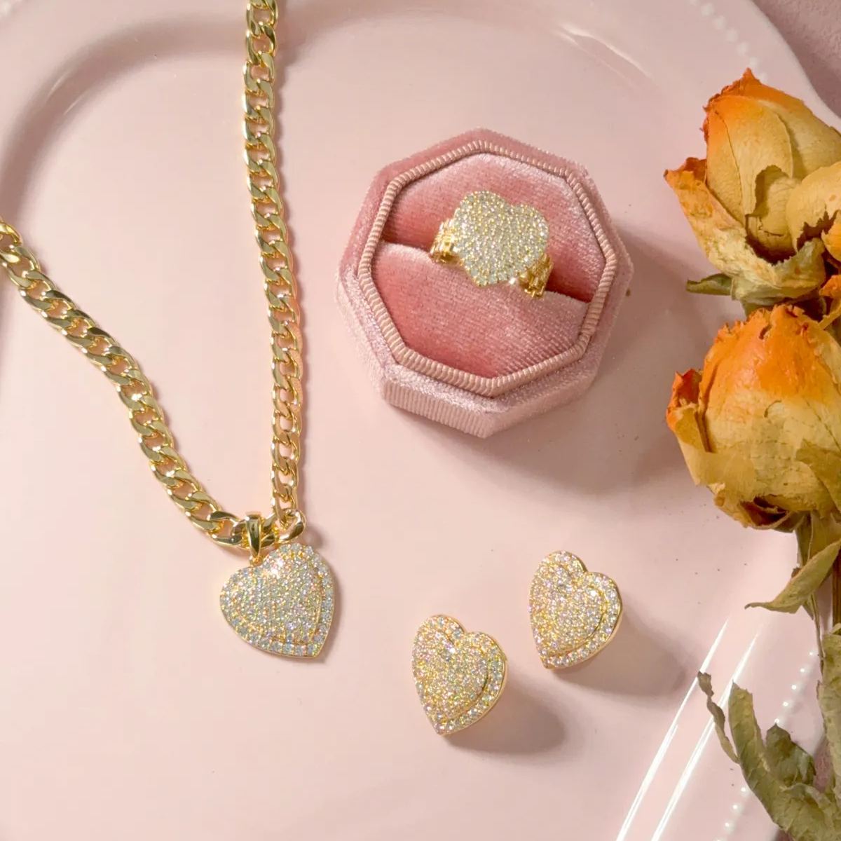 Heart Love Pendant Jewelry Set Zircon Necklace Ring and Stud Earrings