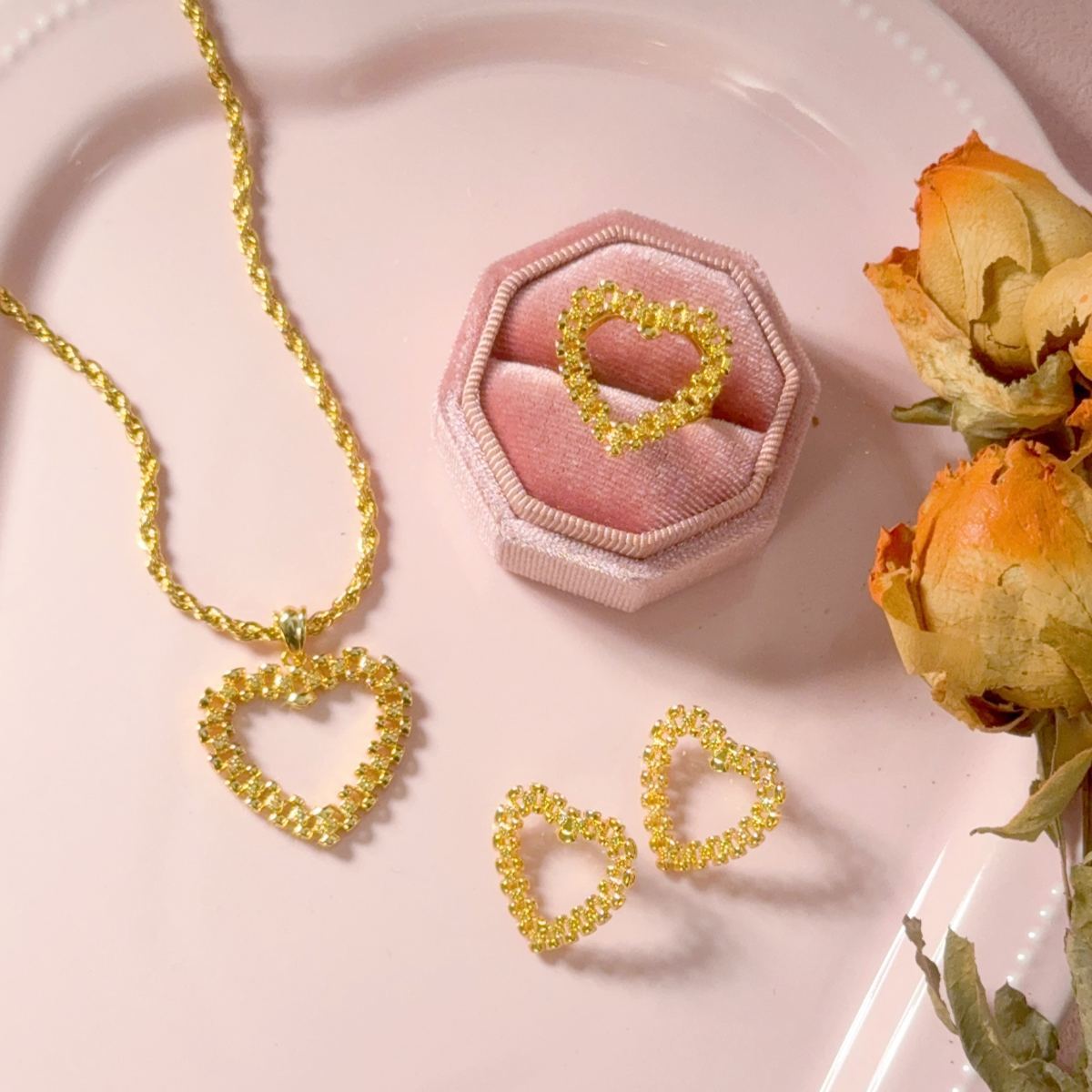 Diamond Cut Heart Frame Set Necklace Earrings and Ring