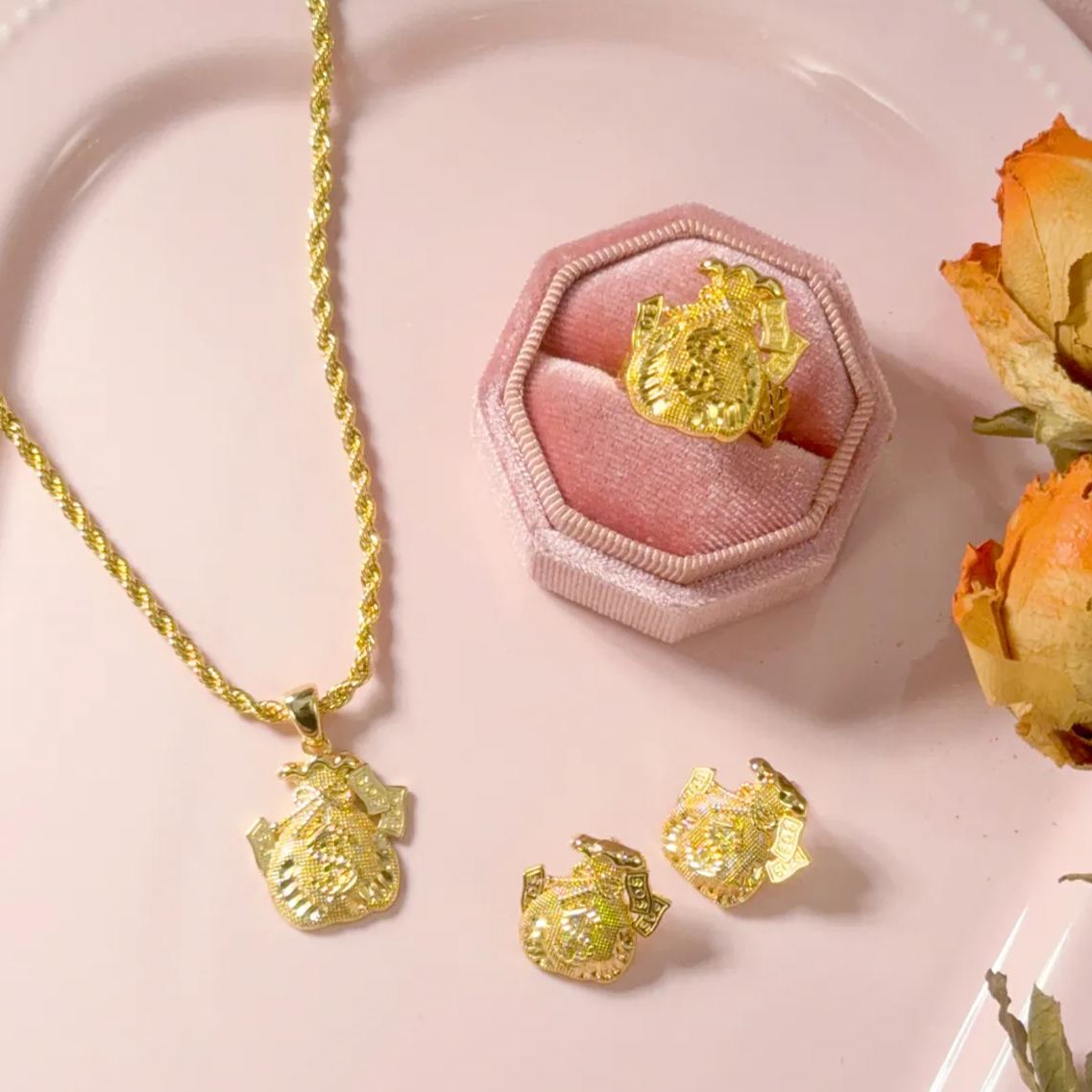 Money Bag Gold Plated Necklace Ring Stud Earrings Jewelry Set 3pcs