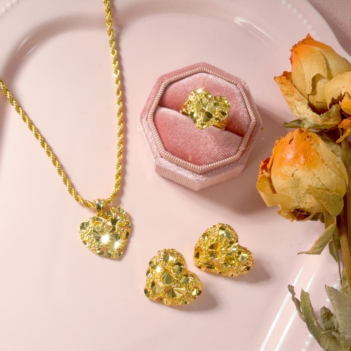 Gold Plated Nugget Love Heart Set Personalized Name Ring And Necklace Stud Earrings