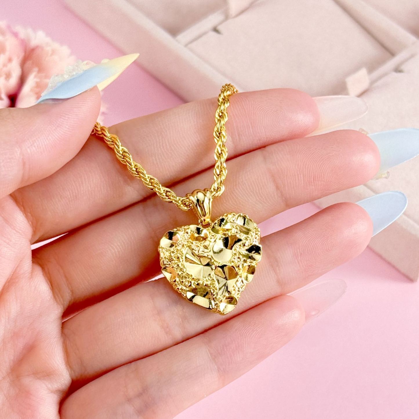 Gold Plated Nugget Love Heart Set Personalized Name Ring And Necklace Stud Earrings