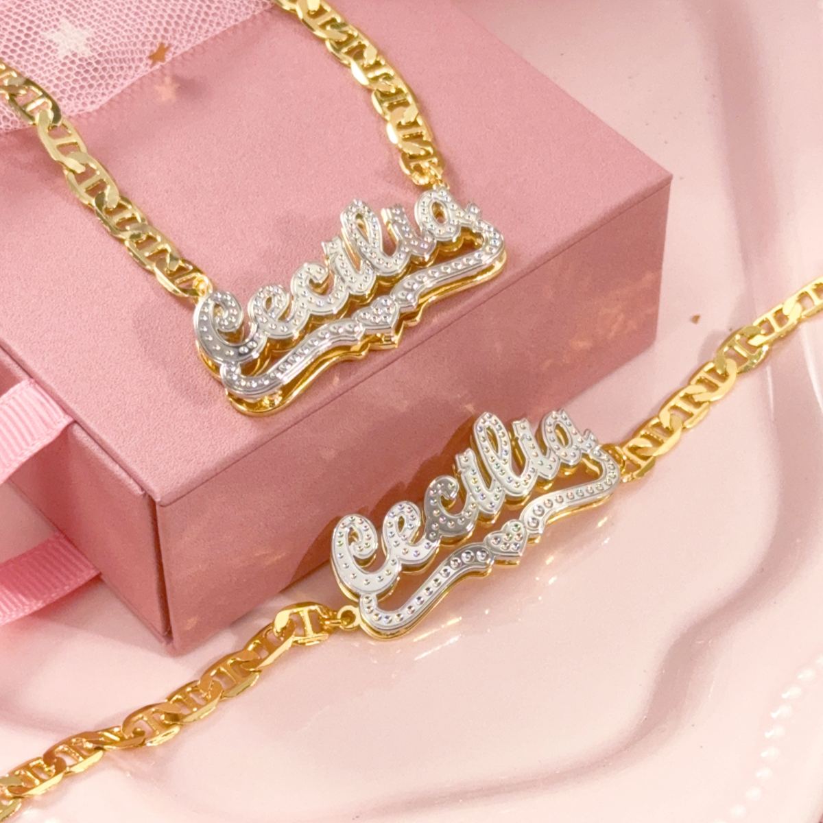 Two Tone Double Layer 3D Heart Name Necklace Bracelet Jewelry Set