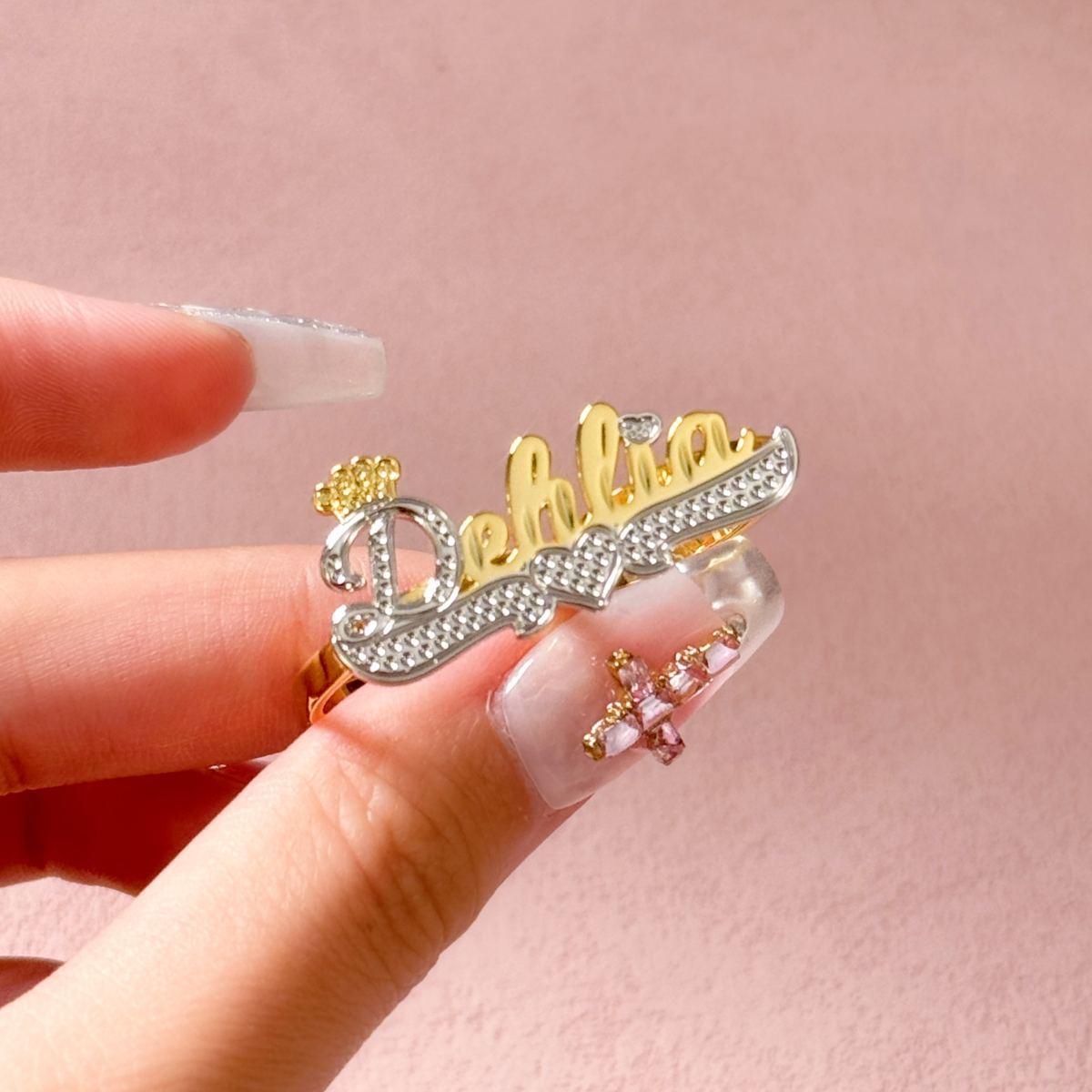 Double Finger Ring with Crown Personalized Custom Name Ring