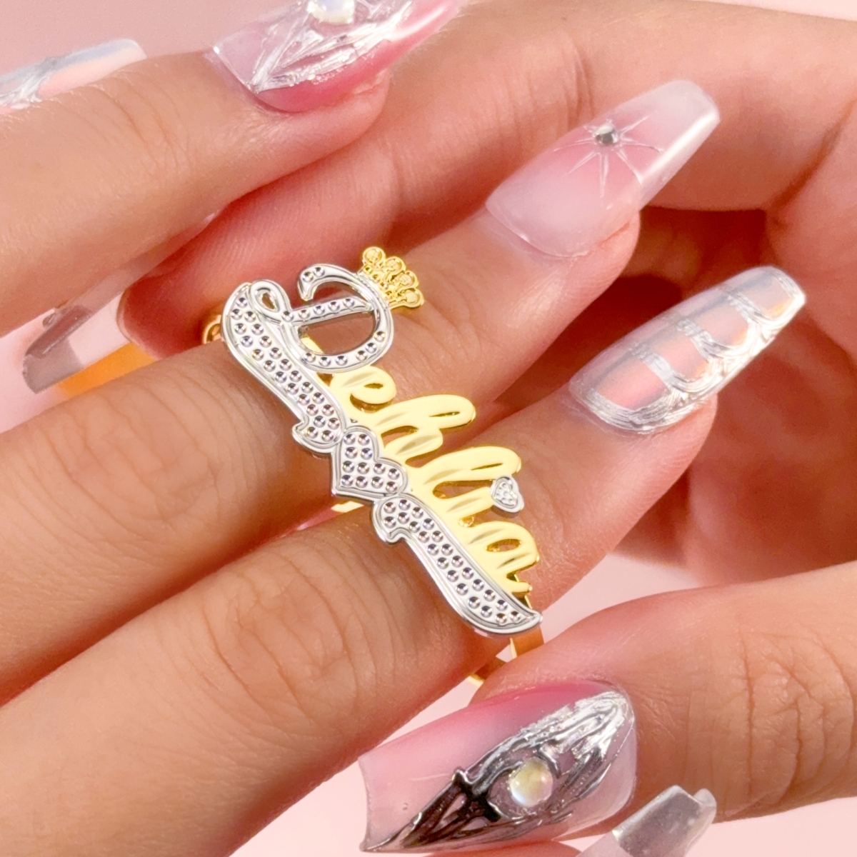 Double Finger Ring with Crown Personalized Custom Name Ring