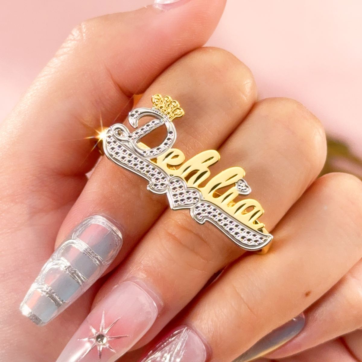 Double Finger Ring with Crown Personalized Custom Name Ring
