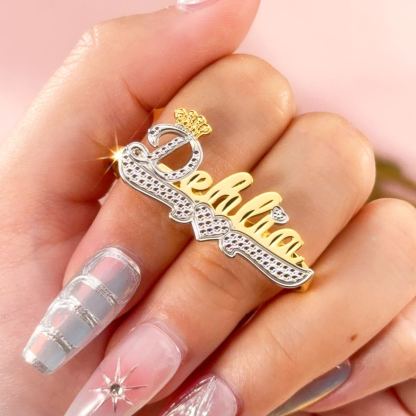 Double Finger Ring with Crown Personalized Custom Name Ring