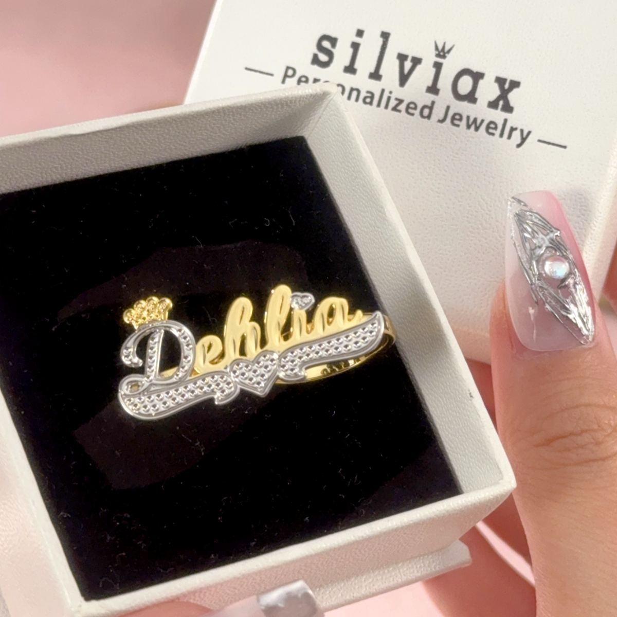 Double Finger Ring with Crown Personalized Custom Name Ring