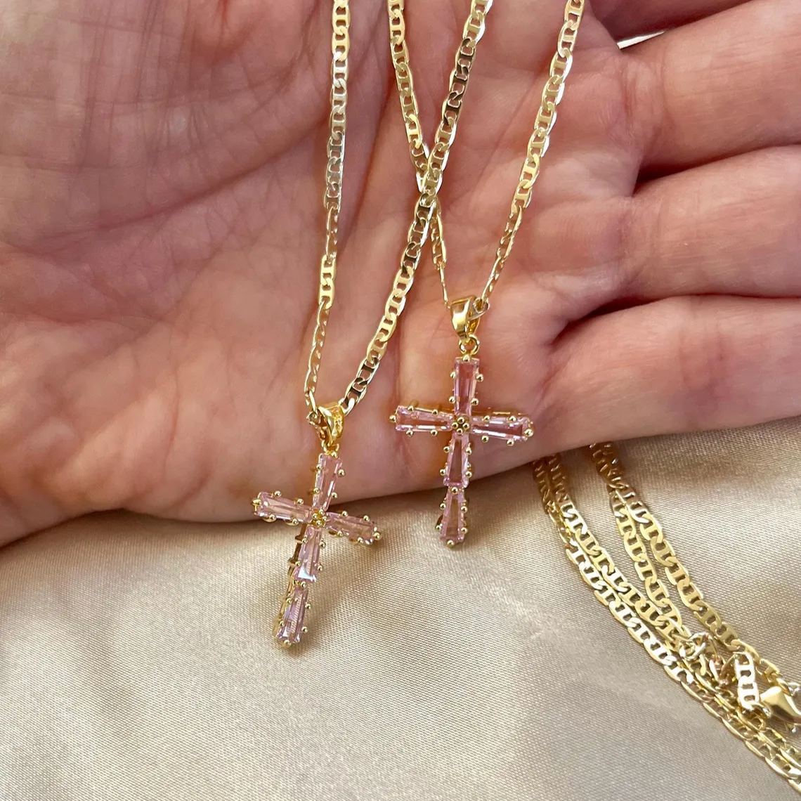 Pink Zirconia Cross Pendant Necklace with Mariner Chain