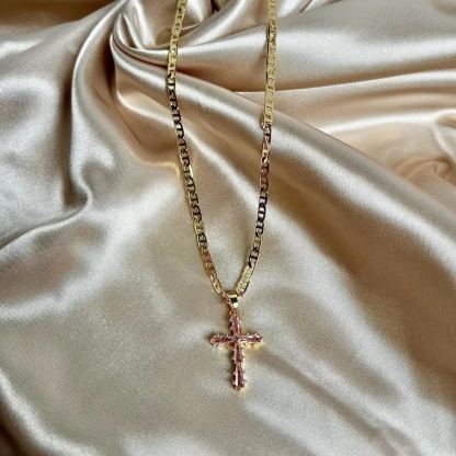 Pink Zirconia Cross Pendant Necklace with Mariner Chain