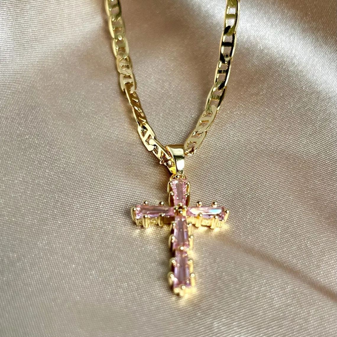 Pink Zirconia Cross Pendant Necklace with Mariner Chain