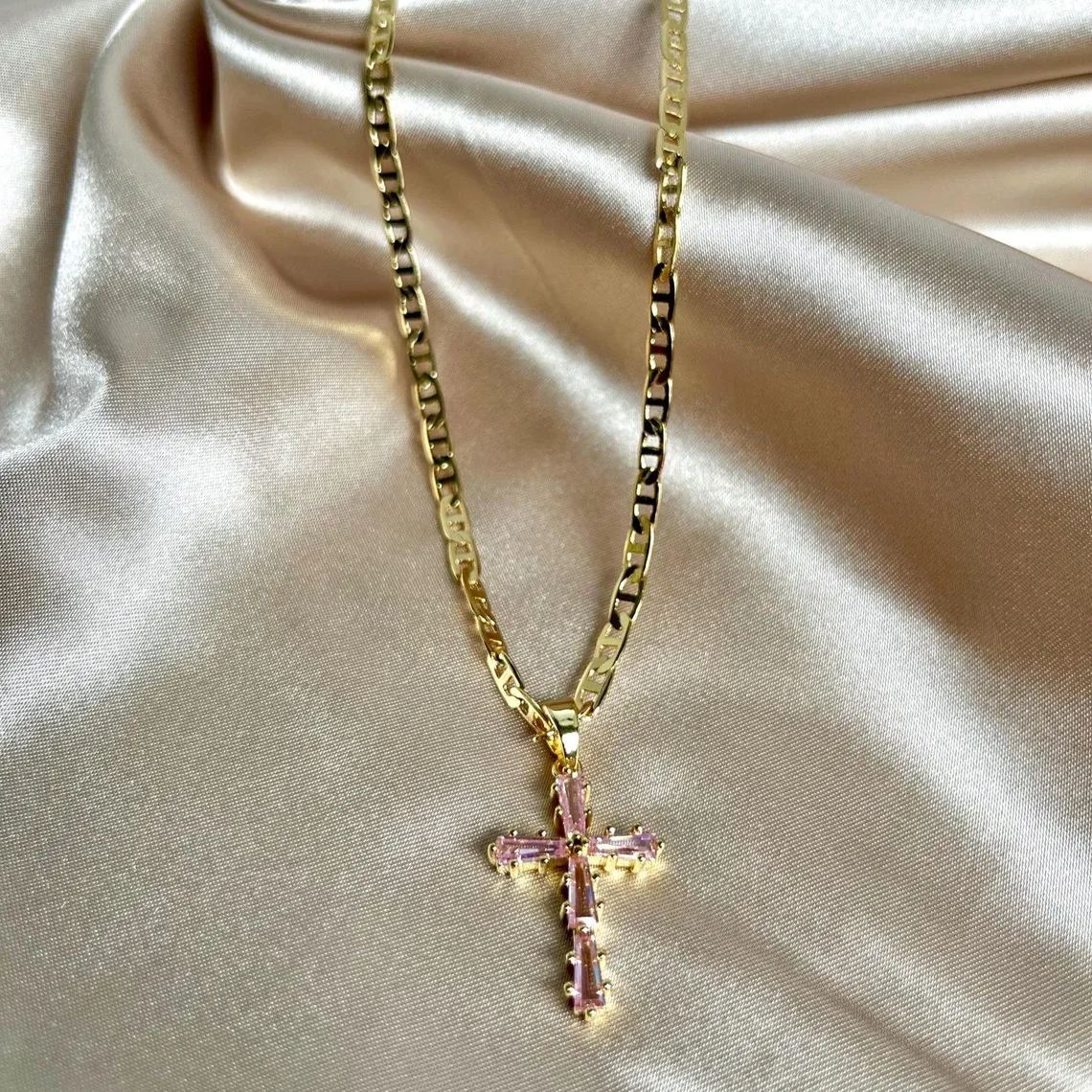 Pink Zirconia Cross Pendant Necklace with Mariner Chain