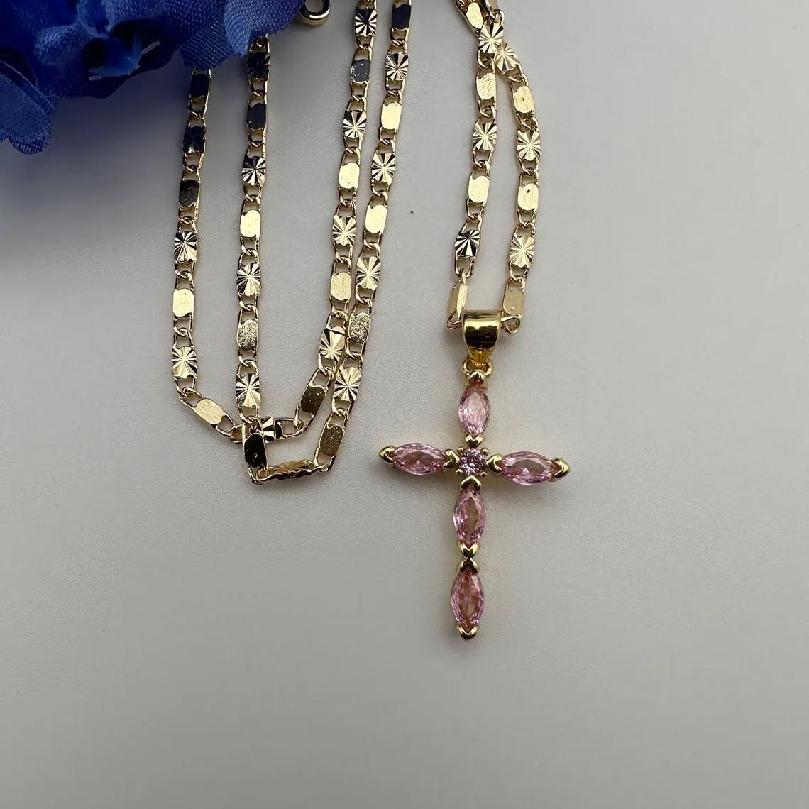 Gold Plated Pink Zirconia Cross Pendant Necklace Crucifix Necklace