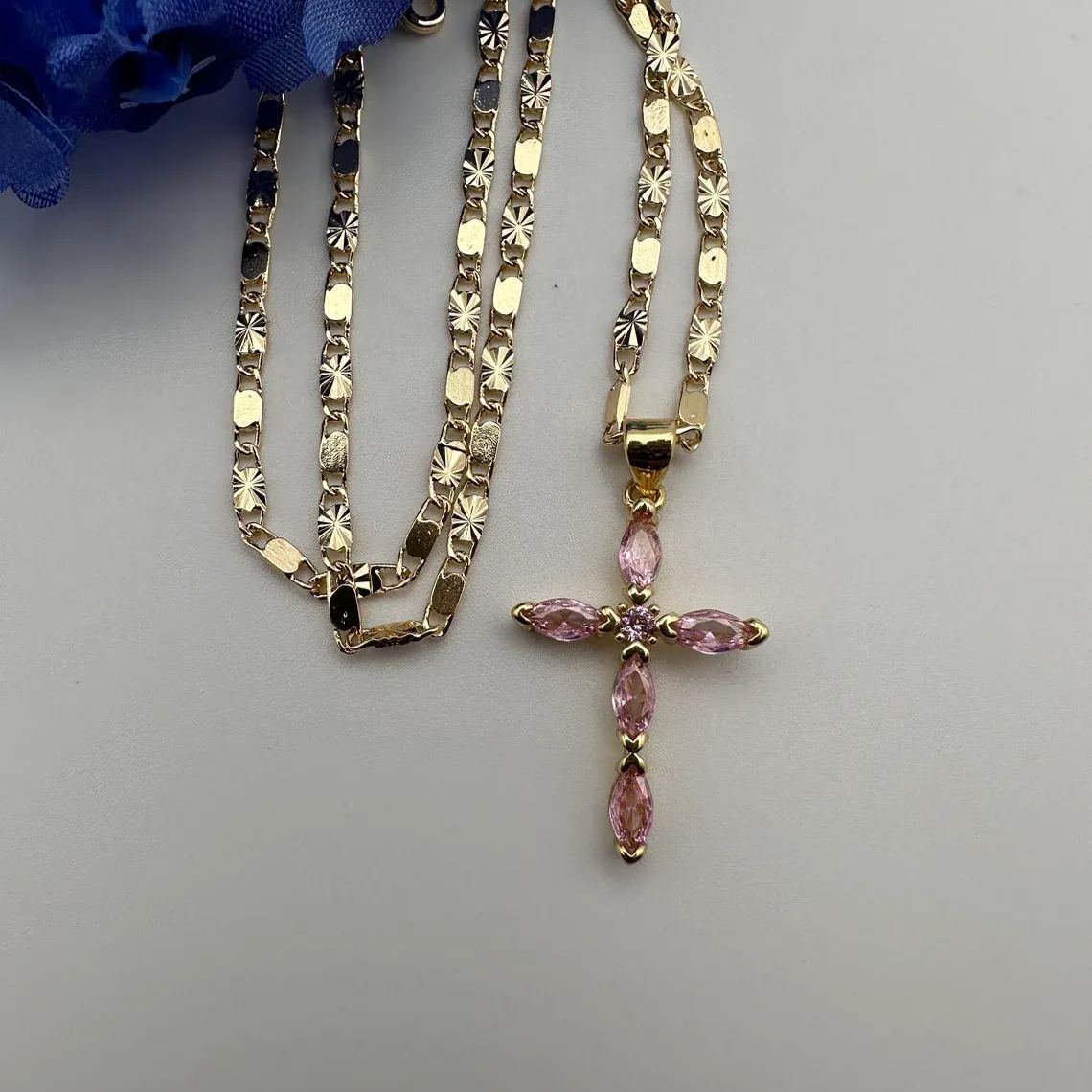 Gold Plated Pink Zirconia Cross Pendant Necklace Crucifix Necklace