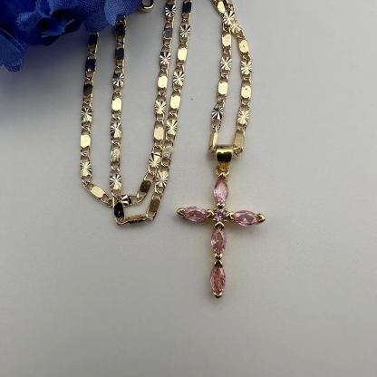 Gold Plated Pink Zirconia Cross Pendant Necklace Crucifix Necklace