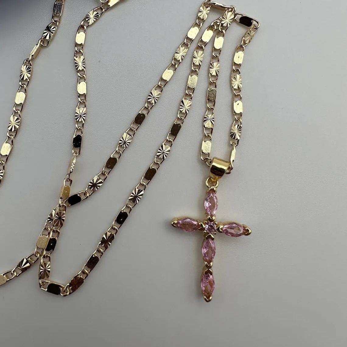 Gold Plated Pink Zirconia Cross Pendant Necklace Crucifix Necklace