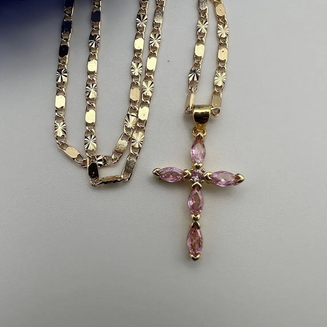 Gold Plated Pink Zirconia Cross Pendant Necklace Crucifix Necklace