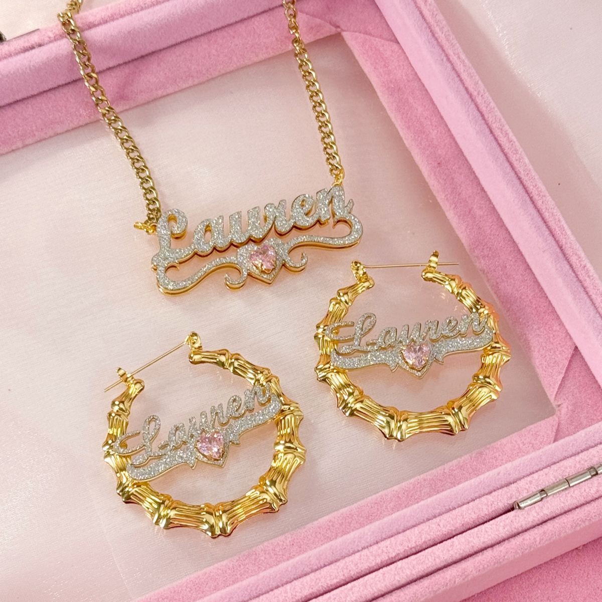 Shiny Heart Birthstone Personalized Name Necklace and Bamboo Earrings Set
