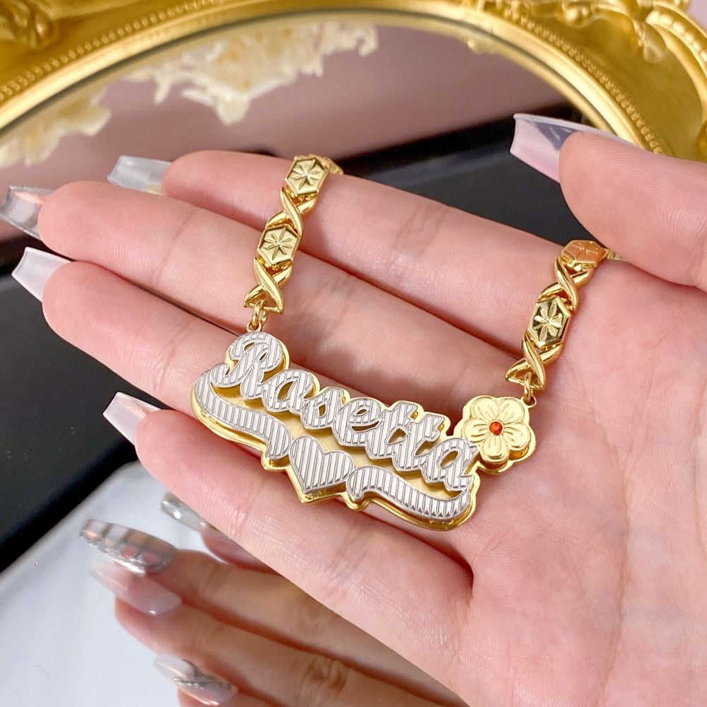 Double Plate Birthstone Flower Heart Name Necklace with XOXO Chain 